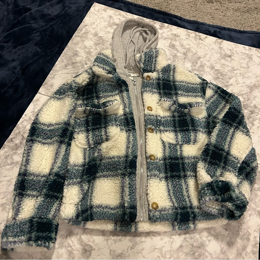 No Boundaries Green Gray Plaid Fleece Zip Up Hooded Jacket Size XS